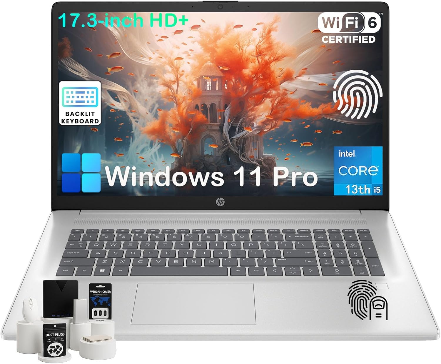 HP 17 Laptop Computer for Business & Student, 64GB RAM, 2TB SSD, Intel 10-Core i5-1334U, 17.3″ HD+ Anti-Glare Display, Backlit Keyboard, Fingerprint, Numeric Keypad, HD Camera, Win11 Pro, Accessories