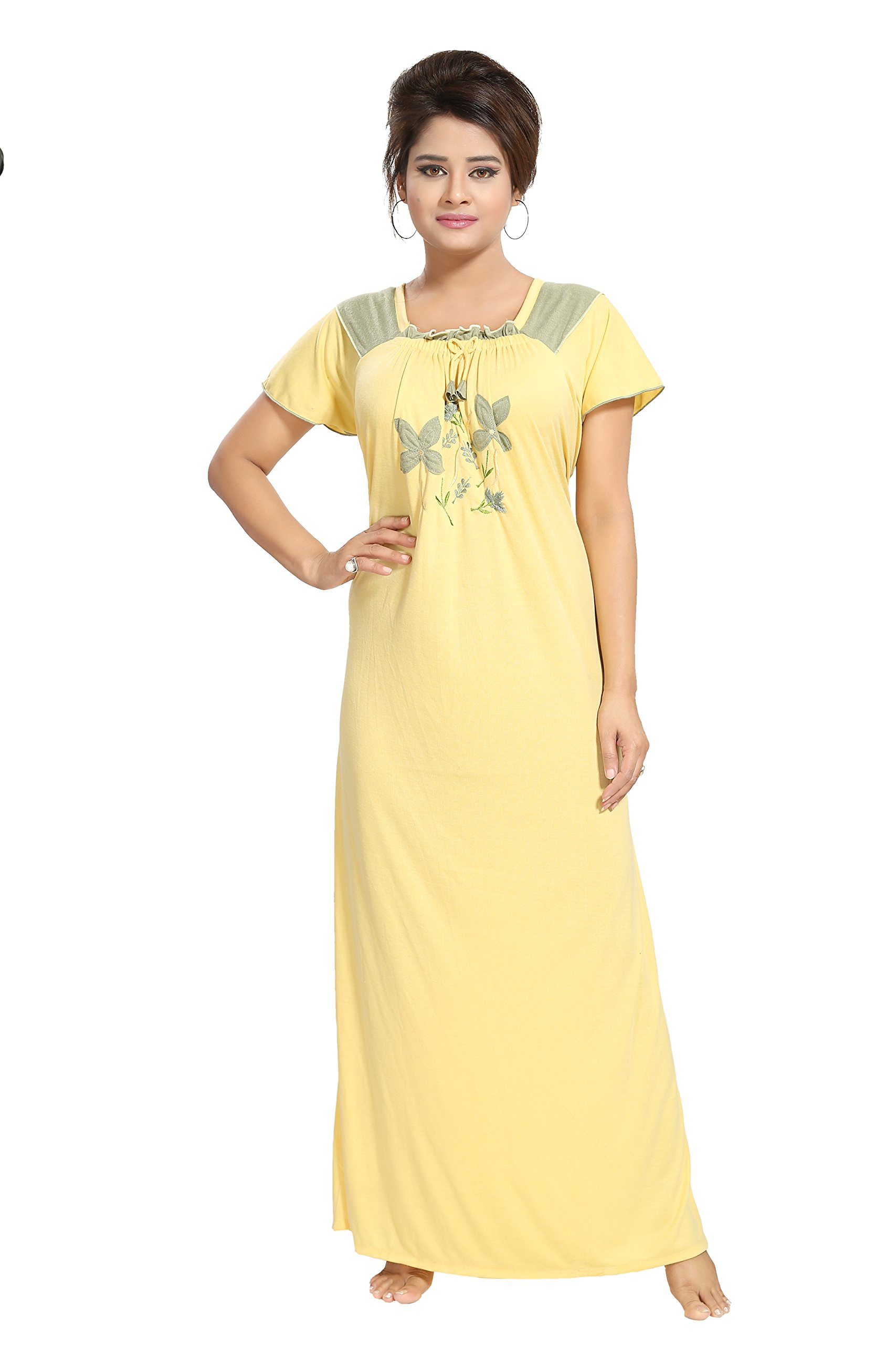 Women's Hosiery Cotton Blend Nighty | Soft Fabric | Short Sleeves Nighty (Yellow-Grey)-image-11