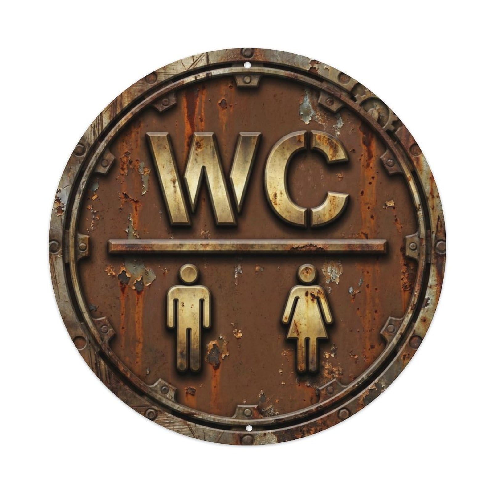 Toilet （WC） Rustic Oxidized Brown Shield Metal Tin Sign Plaque Wall Decor for Cafe, Club Bar, Office, Home Garden Round Metal Poster 8x8Inch