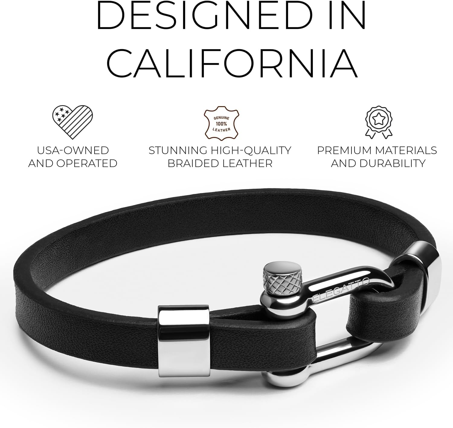 Elegatto Morelle Premium Leather Bracelet for Men | Full-Grain Black Leather with Silver Polished Stainless Steel Shackle Closure | Men’s Designer Jewelry - Image 2
