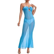 Womens Strapless Mesh See Through Maxi Dress Sheer Transparent Tube Top Long Dresses Club Party
