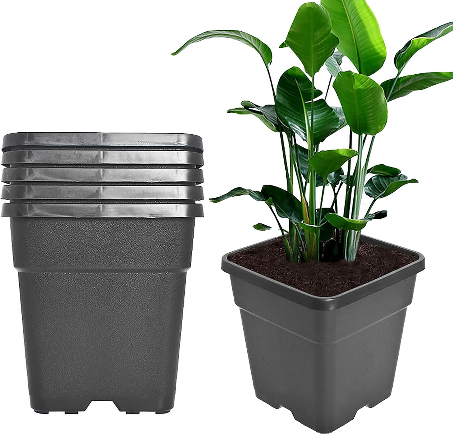 Plastic Planter Nursery Seedling Pots - 5 Pack 10 Gallon Square Black Nursery Pots for Indoor and Outdoor Plants with Drainage Hole