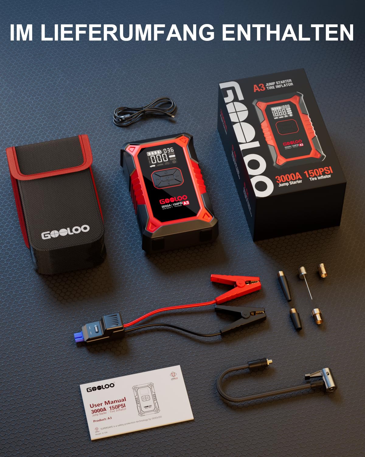 GOOLOO A3 Starthilfe Powerbank mit Kompressor, 3000A 150PSI Spitzenstrom Starter Powerbank für 12V Fahrzeuge(Bis zu 9.0L Benzin/6.5L Diesel), Tragbare Auto Starthilfe mit Digitale und LED