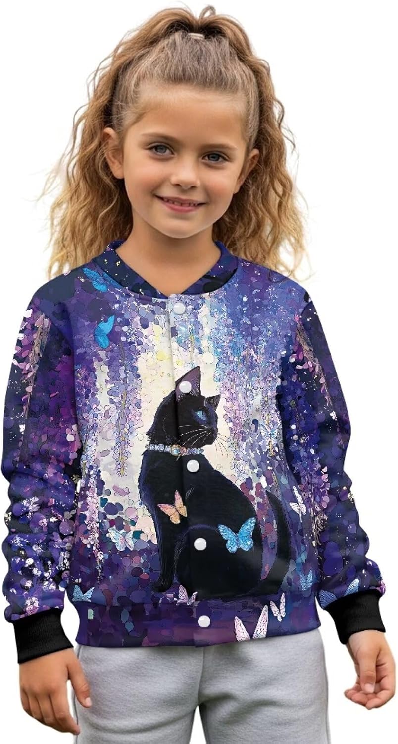 Xpyiqun Varsity Jacket 5-12Y Feece Baseball Jacket for Girls Sport Uniform Kids Long Sleeve Top Button Up Cardigan
