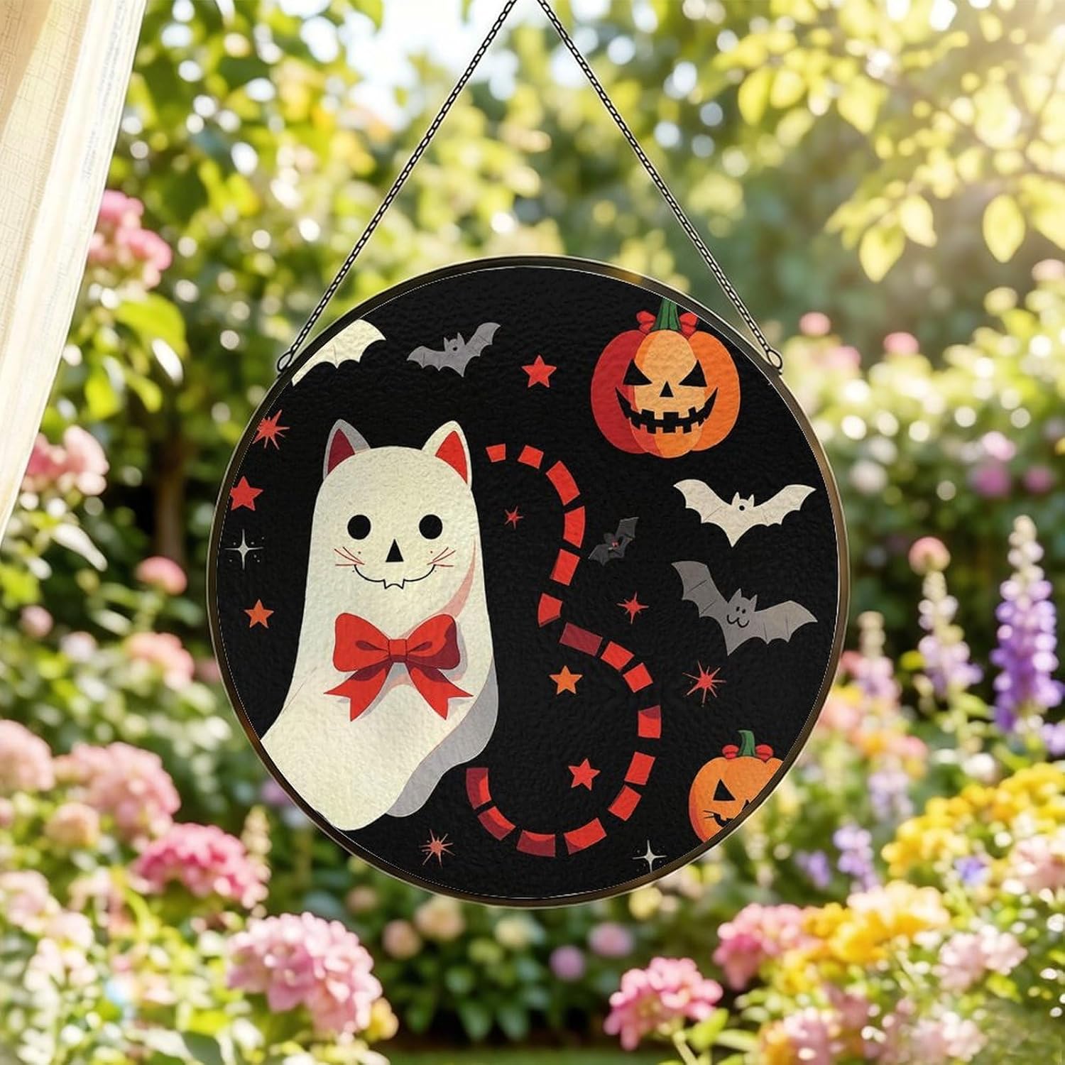 Stained Glass Hanging Sign Suncatcher, Ghost Pumpkin Cat Bat