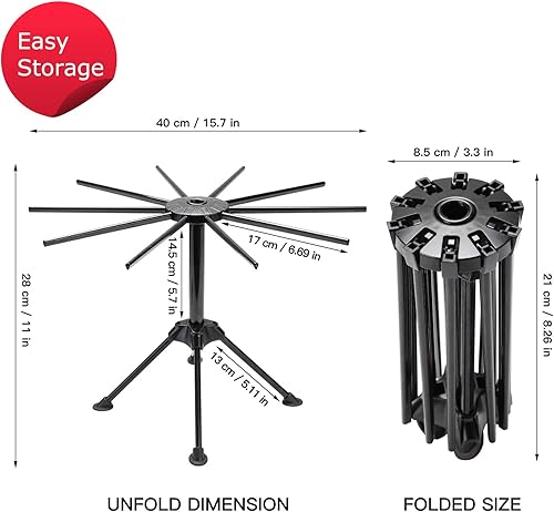 Miniatura 5 de Secador de pasta plegable Cambom - Secador de espaguetis y fideos de plástico con 10 asas de barra en negro