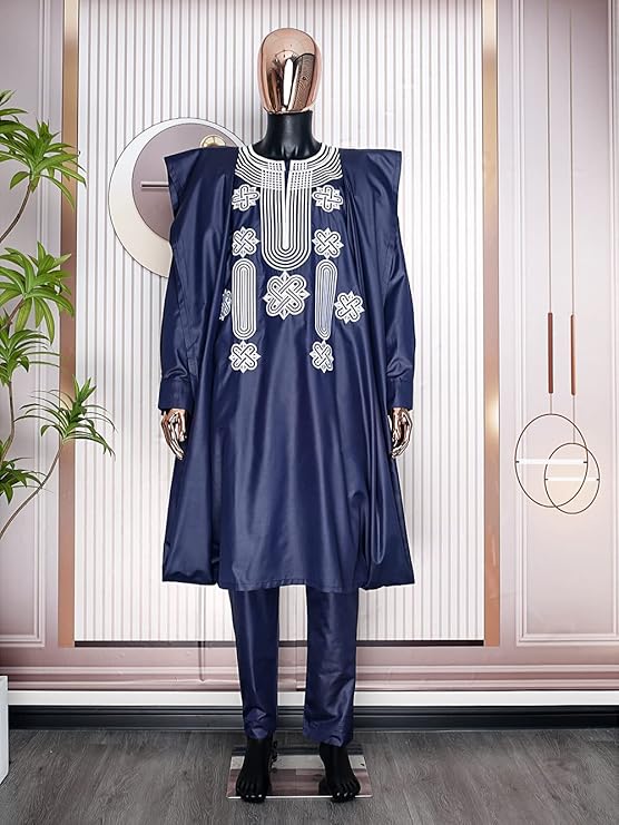 HD African Mens Apparel Agbada Clothing Embroidery Dashiki Shirts and Pants Outfits 3 Pieces