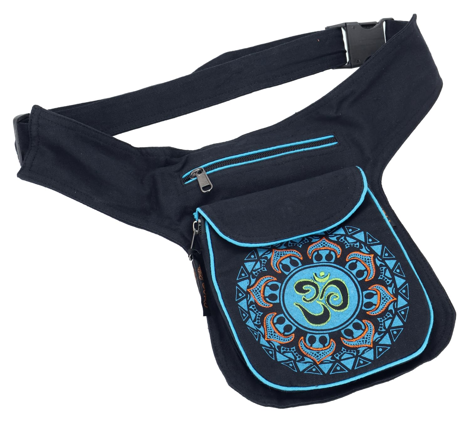 GURU SHOP Tkanina Sidebag & saszetka na pasek Aum Mandala, Goa saszetka biodrowa - zielona, męska/damska, bawełna, 25 x 17 x 4 cm, festiwalowa torba nerka hipisowska, czarny/turkusowy, Einheitsgröße