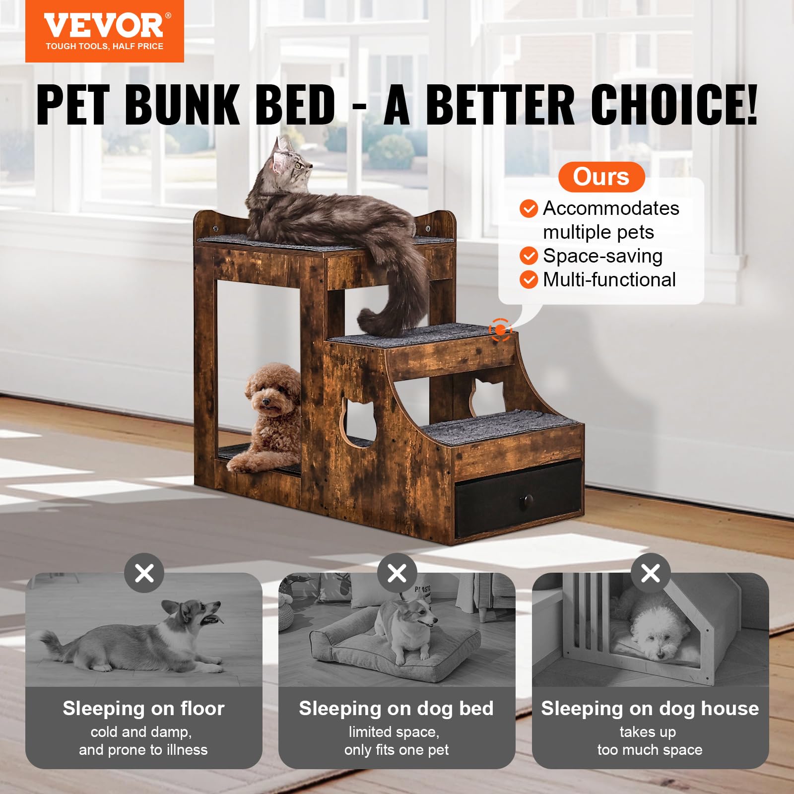 VEVOR Lit Superposé pour Animaux de Compagnie Chien Chat avec Escaliers Amovibles et Tiroir de Rangement, Marron