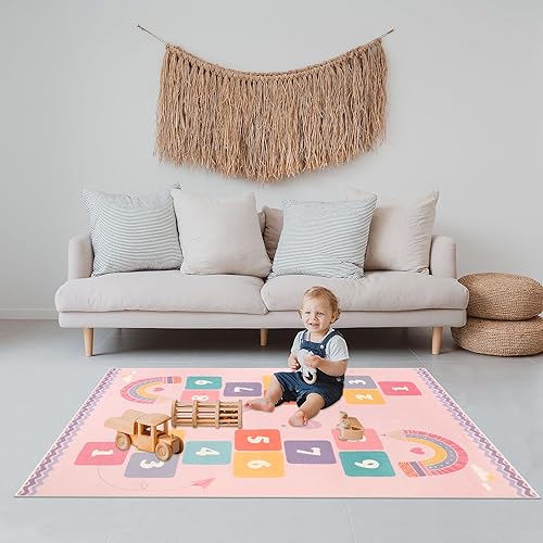 Miniatura 8 de STARUIA Alfombra grande de Hopscotch para niños para dormitorio de niños, alfombra antideslizante lavable para sala de juegos, alfombra rosa suave