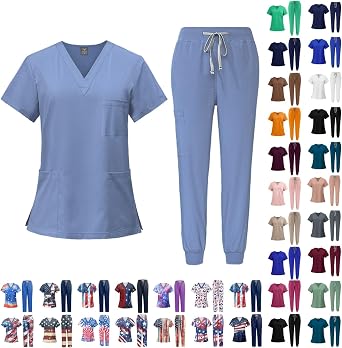 Women Scrubs Sets V-Neck Top & Straight Leg Pants with Pockets Medical Uniform Yoga Waistband Unisex Workwear