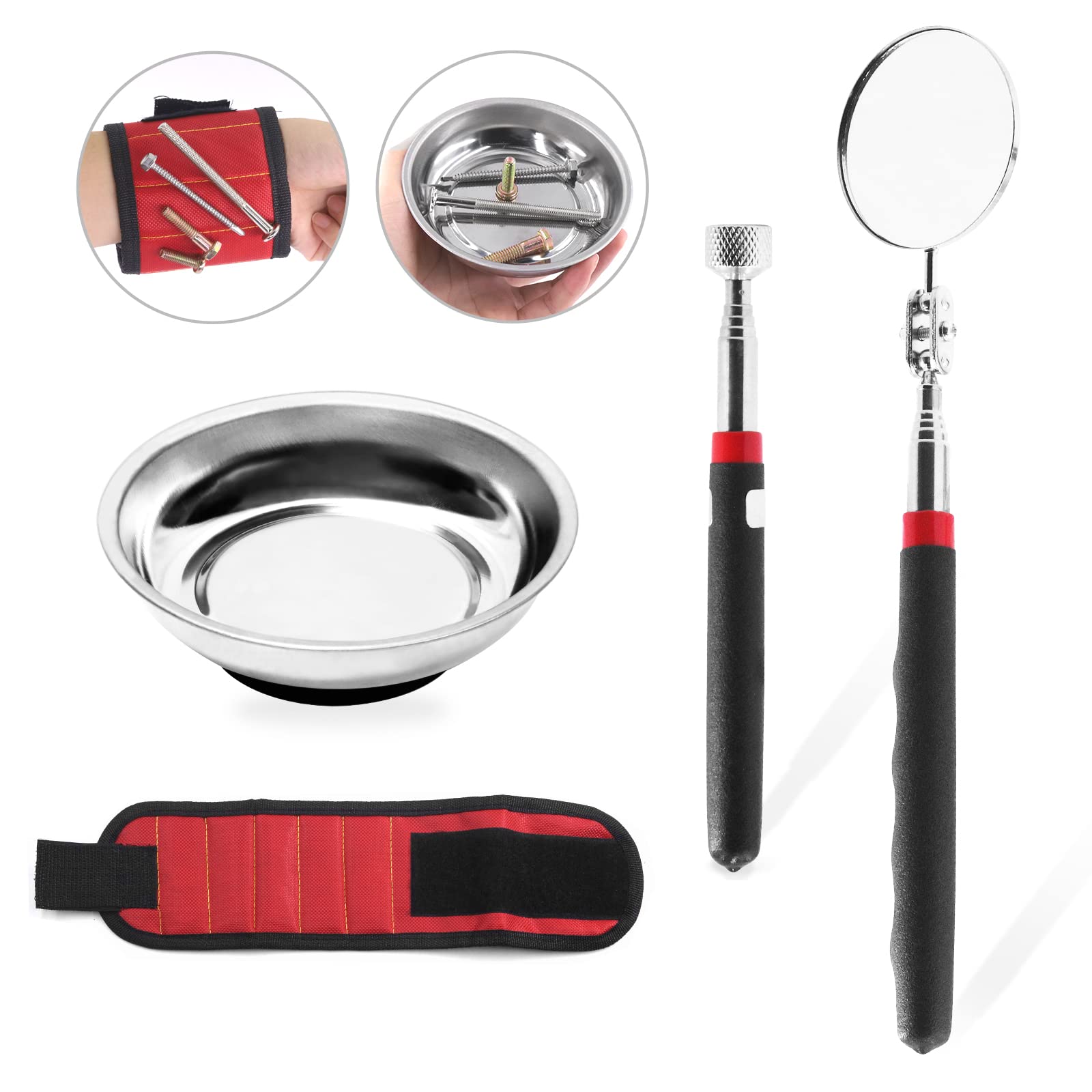 Swpeet 4Pcs Magnetic Telescoping Pick-Up Tool Sets, Magnetic Parts Tray, 10 lb Telescoping Magnet Stick