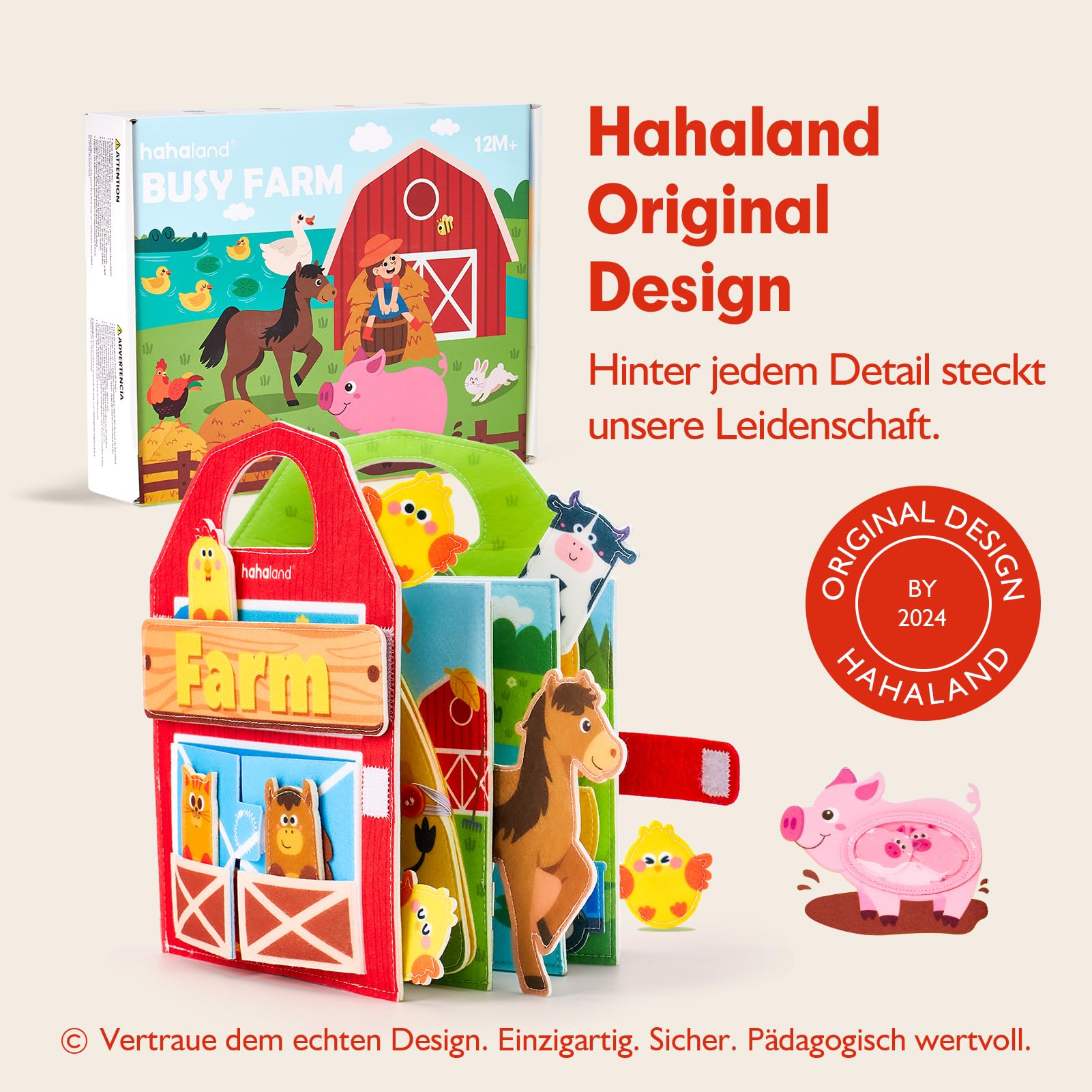 hahaland Busy Board ab 1 Jahr, 3D Filz Bauernhof Quiet Book ab 1 Jahre, Förderung Feinmotorischen Fähigkeiten, Busy Book für Autofahrt, Frühes Lernen Montessori Spielzeug ab 1 Jahr für Geschenk