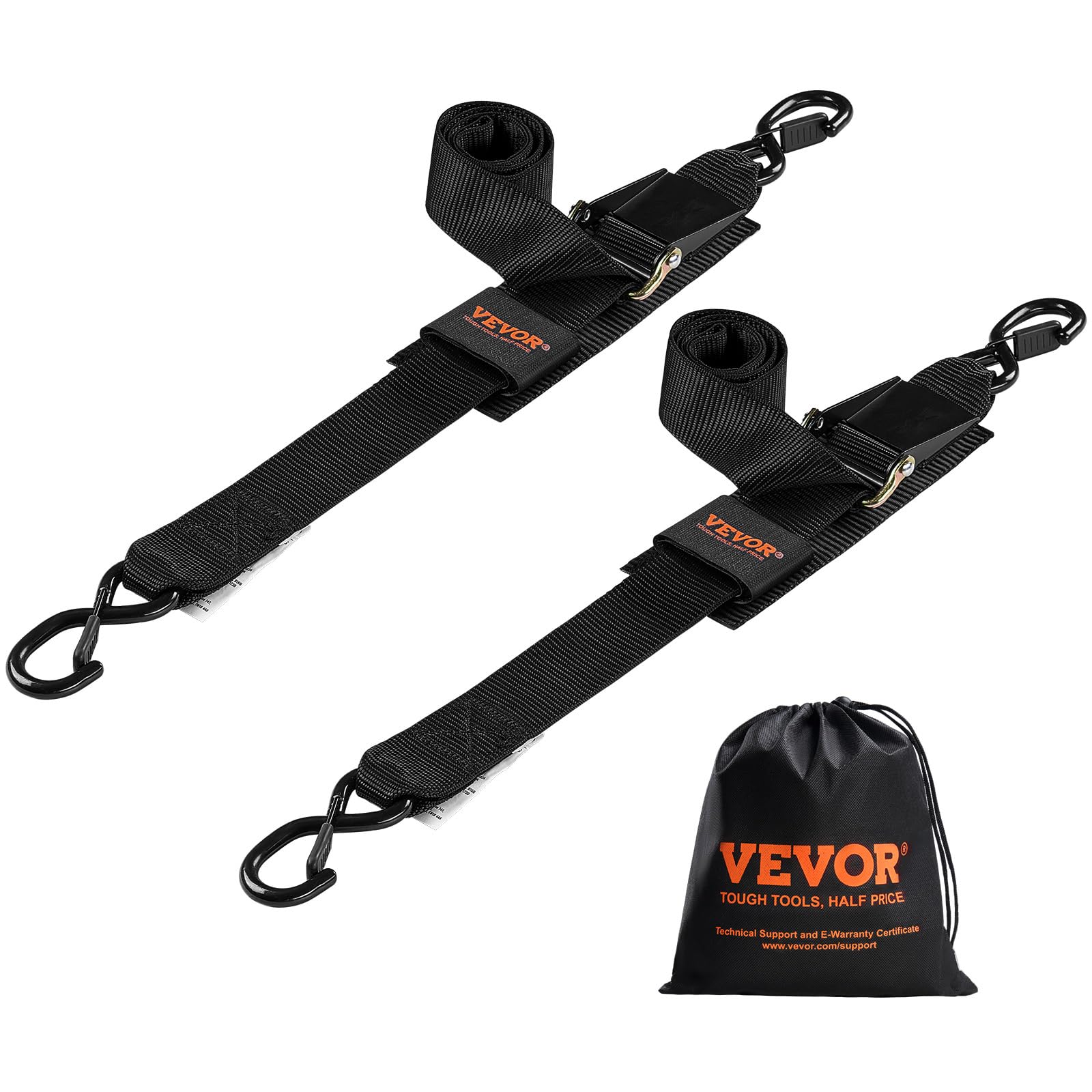 VEVOR Boat Trailer Transom Straps (2PK), 2’’ x 48’’ Adjustable Boat Straps 1,500lb Break Strength with Security Lock S Hooks and Boat Pads, Transom Tiedowns for Trailer, Boat or Kayak Secure