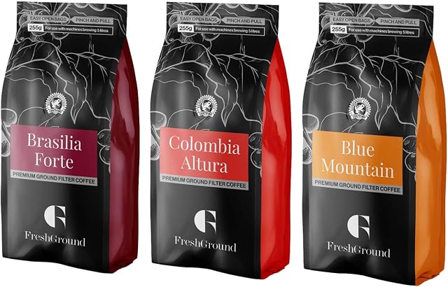 FreshGround | Premium Ground Filter Coffee Taster Kit | Pack of 3 255g Bags | Blue Mountain, Colombia Altura And Brasilia Forte | Perfect For Any Occasion | Rainforest Alliance Certified