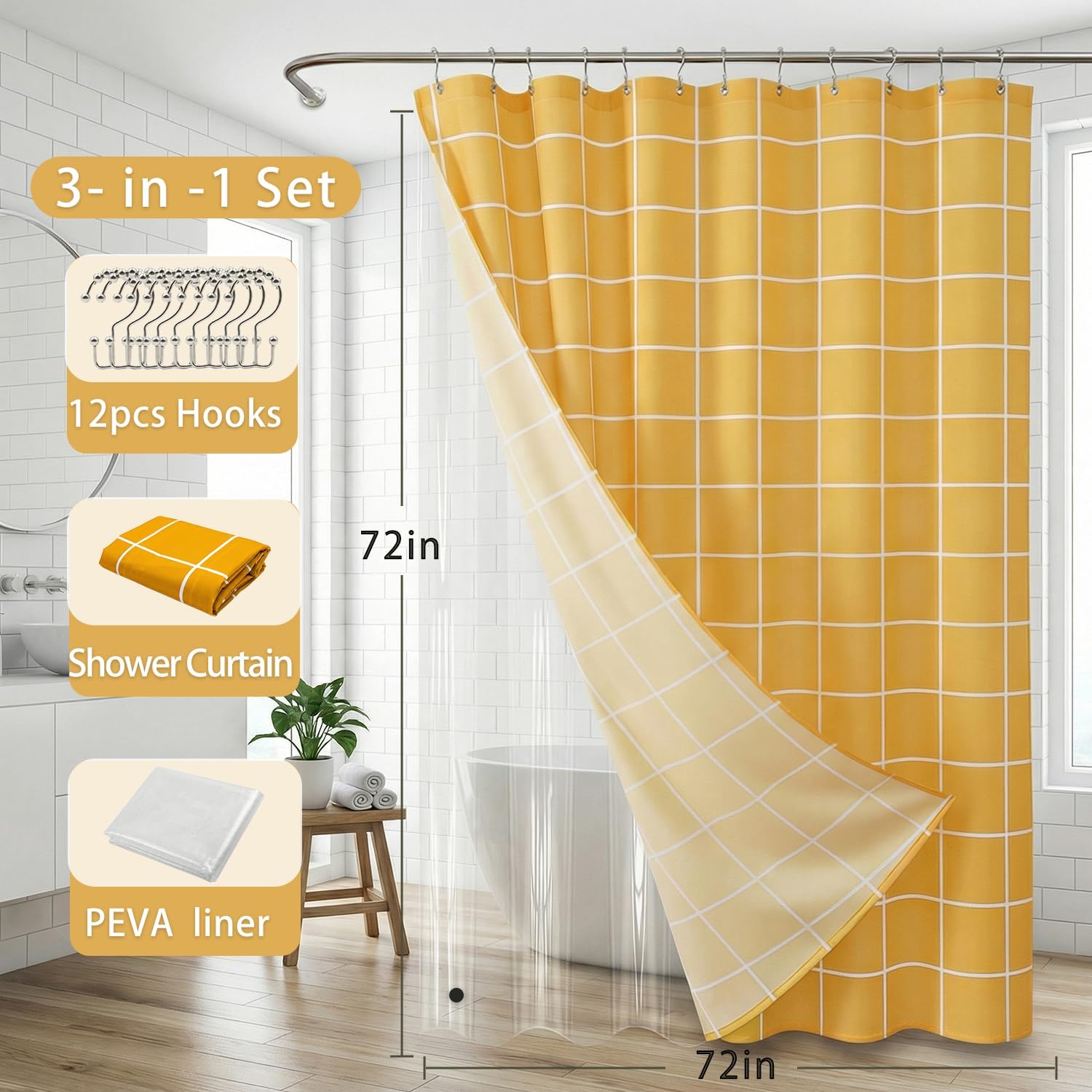3 in 1 Shower Curtain Set, Checkered Minimalist Shower Curtain and PEVA Liner Sets swith 12 Metal Double Sided Shower Curtain Hooks, White Line Simple Modern Shower Curtain for Bathroom, 72x72, Yellow