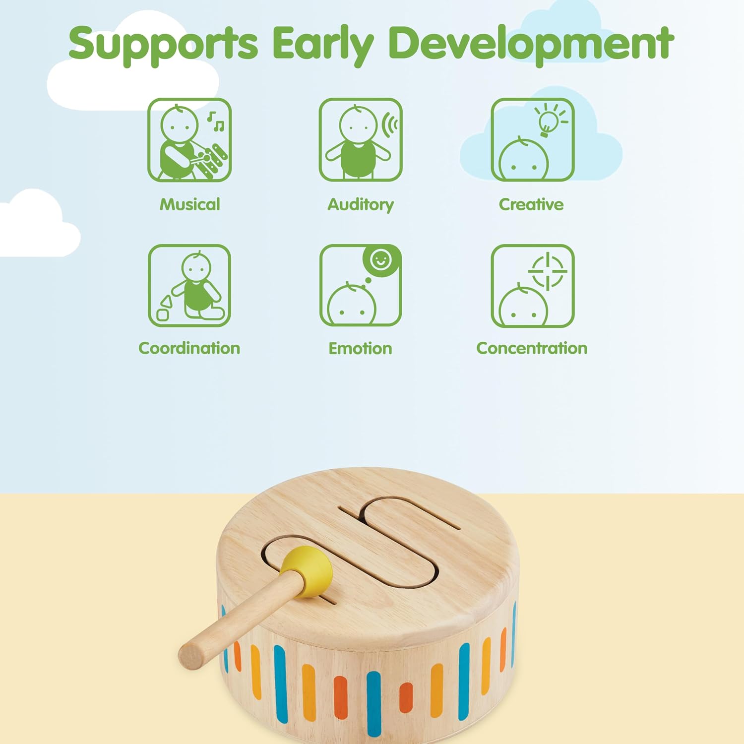 PlanToys® Wooden Solid Drum Musical Instrument for Kids | Montessori Rhythm and Sound Exploration Toy | Eco Friendly Wooden Percussion Drum for Early Music Learning