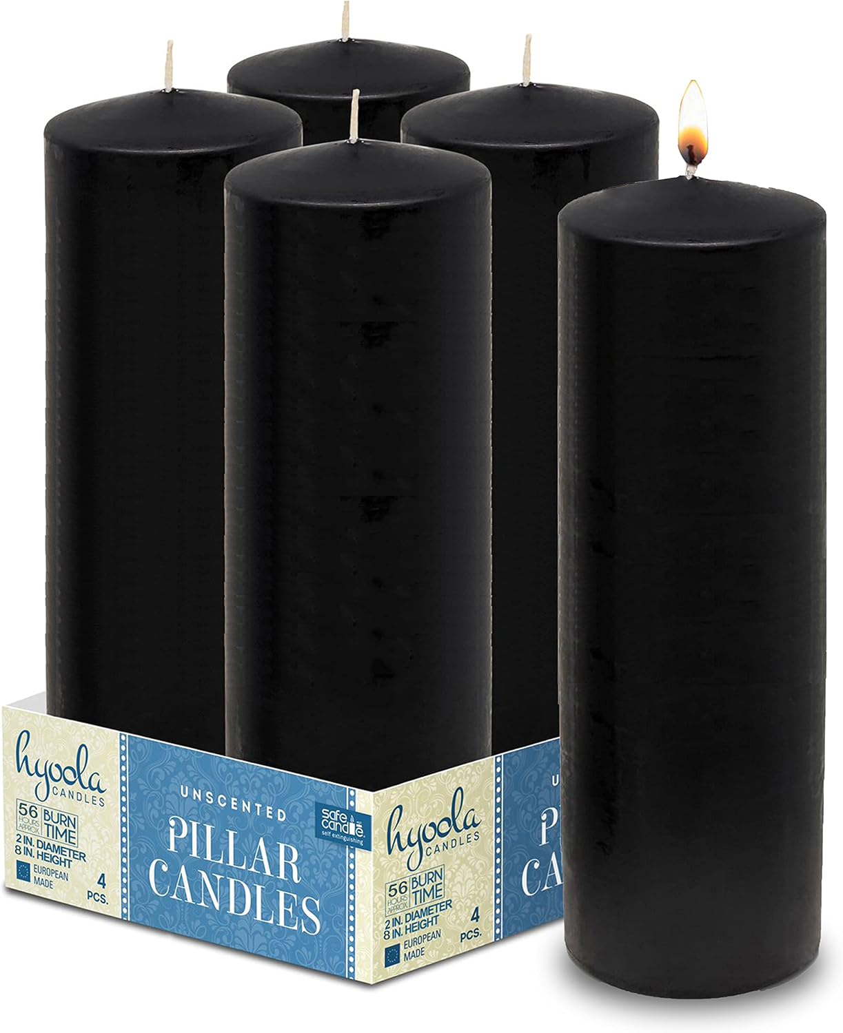 Hyoola Black Pillar Candles 2x8 Inch - 4 Pack Unscented Pillar Candles - European Made