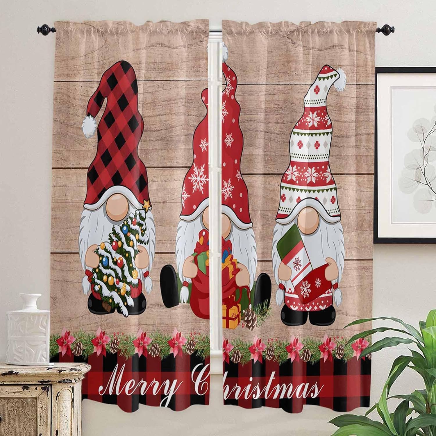 Red Christmas Window Curtains 72 Inch Long 2 Panel Set, Rod Pocket Long Curtains & Drapes, Plaid Gnomes Xmas Snowflake Wooden Light Filtering Window Treatment for Bedroom Living Room 52"W x 72"L