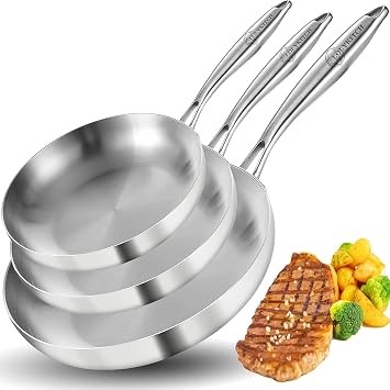 LOLYKITCH 8-10-12 Inch Tri-Ply Stainless Steel Frying Pan Set Professional Skillet Fast & Even Heating, Induction & Oven Safe Cookware for Modern Home Kitchens, Detachable Handle