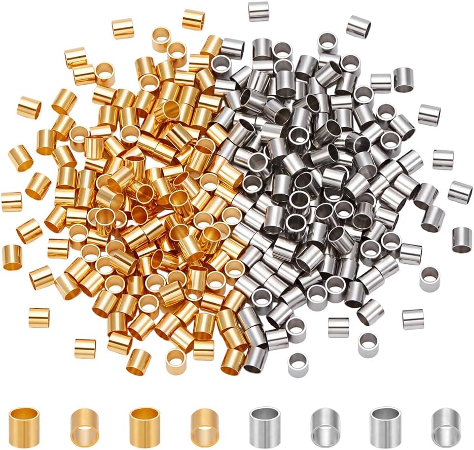 UNICRAFTALE 300Pcs 2 Colors Crimp Tube Beads 201 Stainless Steel 2mm Tiny Spacer Beads Column Stopper Bail Bead Connectors Metal Slider Bead for Ends Bracelet Jewelry Making Hole 1.5mm