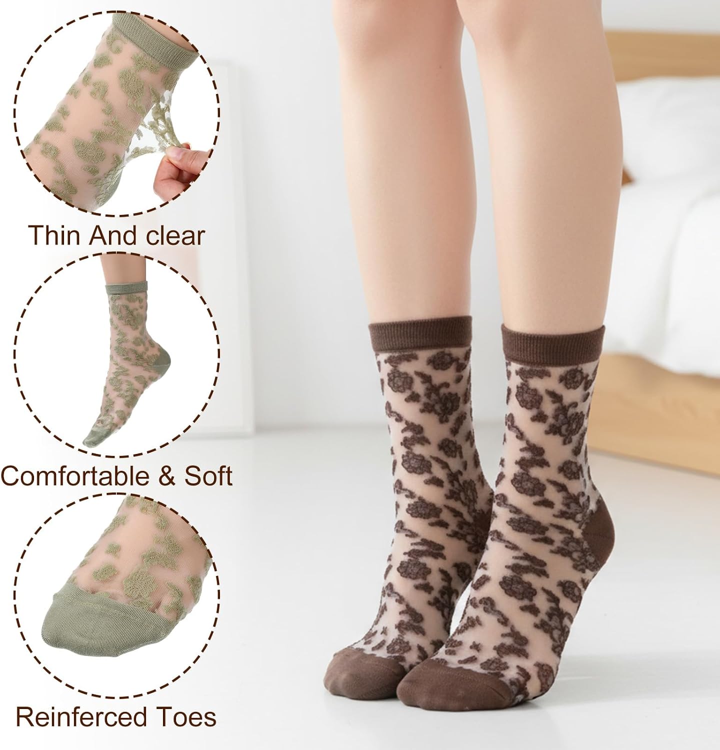 6 Pairs Womens Ankle Sheer Socks Spring Summer Vintage Flower Thin See Through Mesh Lace Elastic Jacquard Transparent Socks Size 4-8