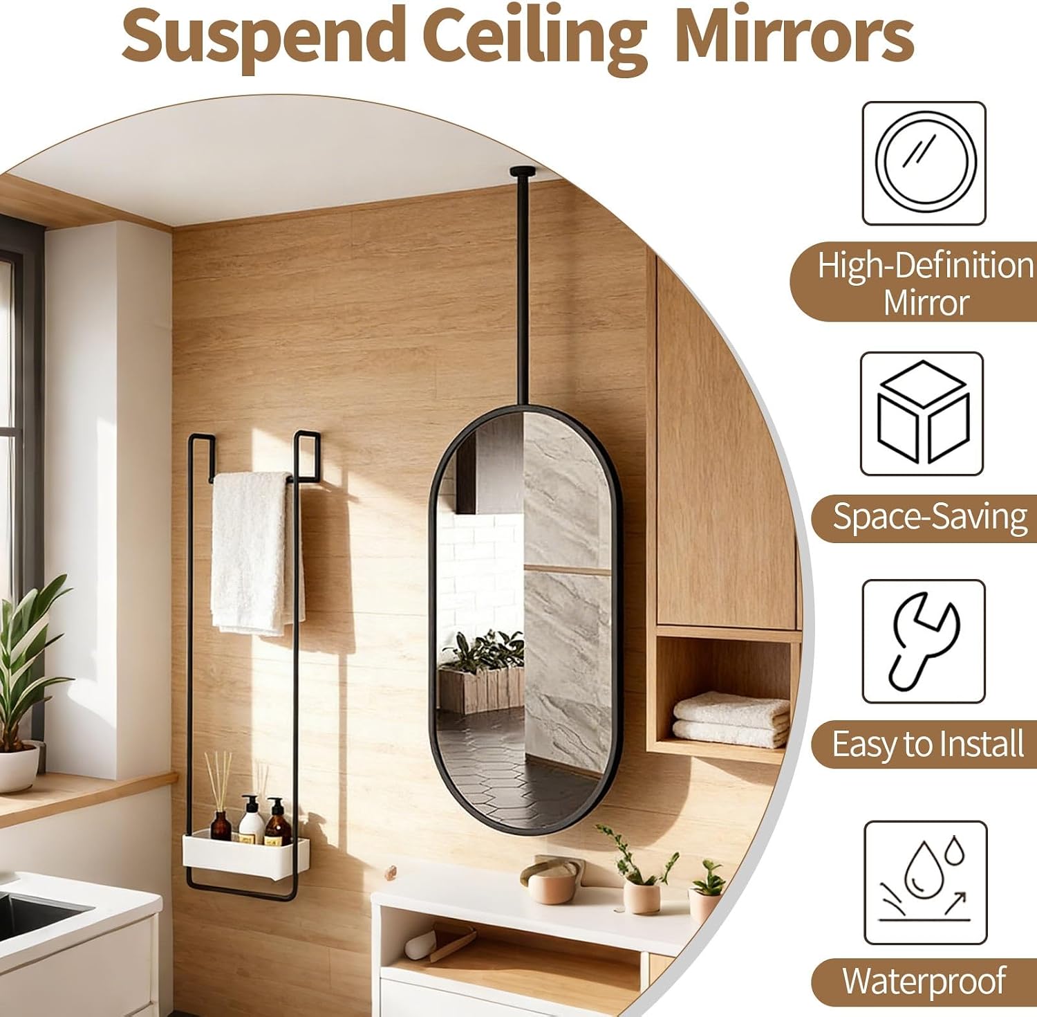 Metal Pole Ceiling Suspended Mirror Bathroom Mirror for Over Sink Oval Bathroom Vanity Mirror with Hanging Rod Bathroom Vanity Mirror for Entryway Cloakroom Bedroom Hallway(Black+LED,16x28 in)