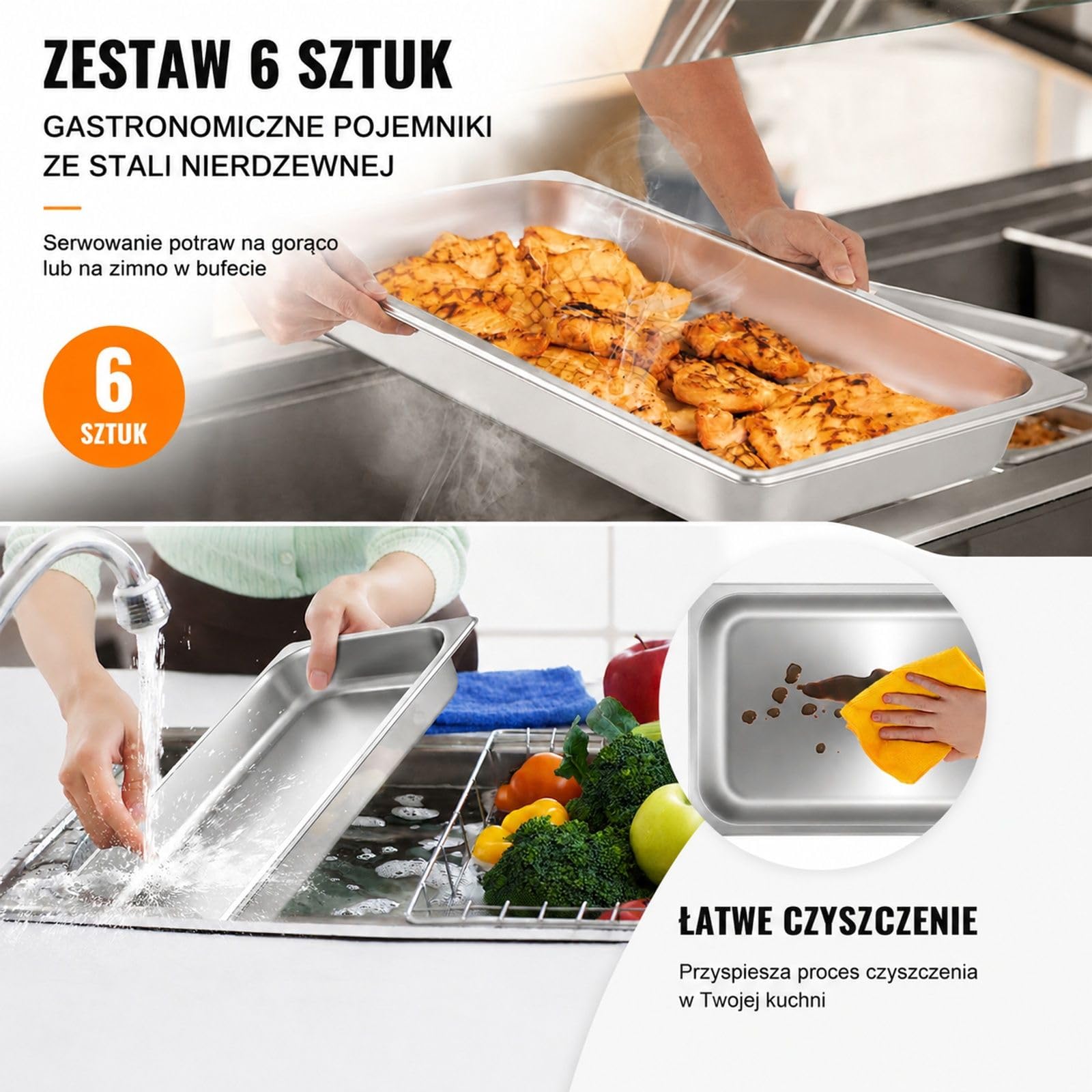 6 sztuk pojemników gastronorm ze stali nierdzewnej z pokrywkami, do bufetu, cateringu i kuchni