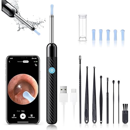 Ear Wax Removal - Earwax Remover Tool with 8 Pcs Ear Set - Ear Canal Cleaner with 1080P Camera - FSA HSA Eligible - Ear Cleaning Kit with 6 Ear Spoon - Ear Camera for iOS & Android (Black)