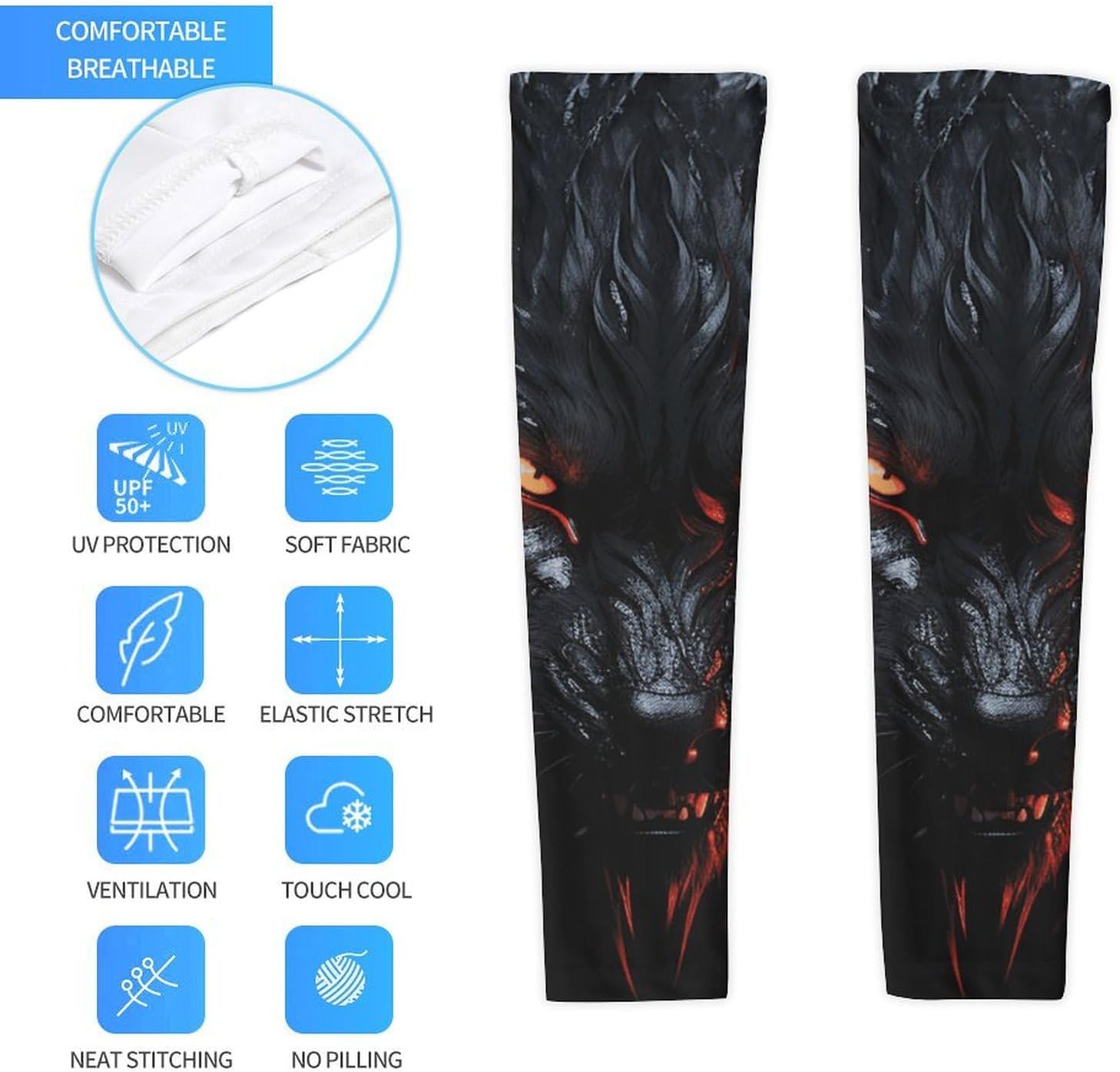 Big Black Wolf with Red Eyes Arm Sleeves for Men Women Sun Protection Sleeves Cooling Compression Arm Cover