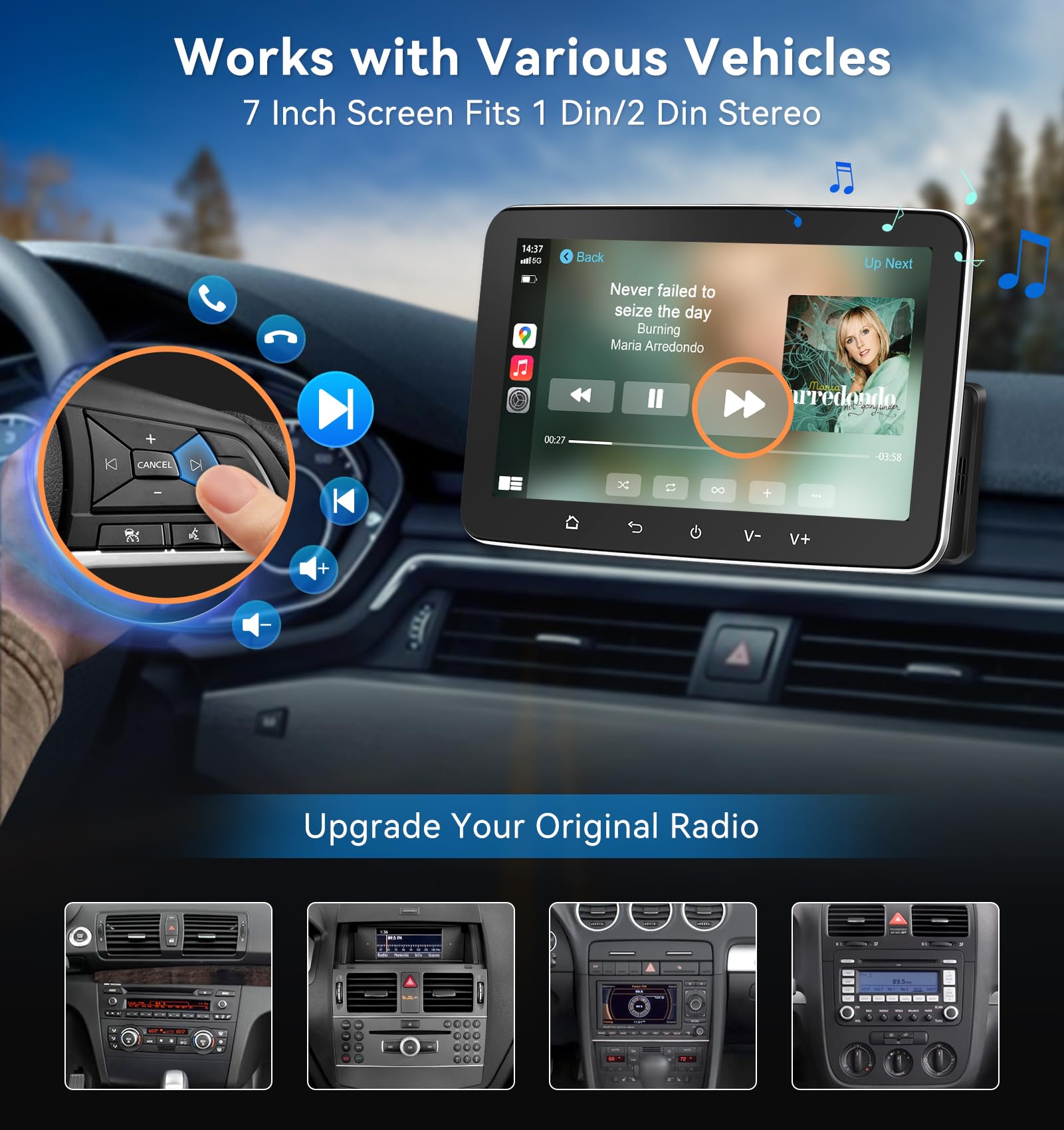 PORMIDO Autoradio con schermo DAB+, 7 pollici 1 DIN Android 13 Apple CarPlay Android Auto Touch Screen Display Wireless Car Play Radio con Bluetooth WiFi Navi MirrorLink FM RDS GPS SWC USB EQ