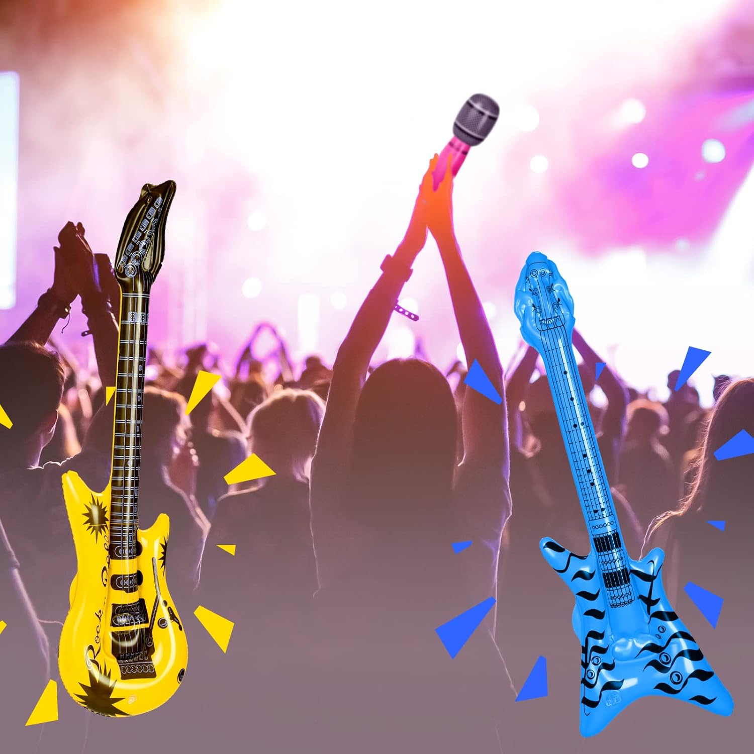 37 Pcs Inflatable Rock Star Instrument Set, 12 Blow up Guitar 36 Inch 12 Inflatable Microphone 12 Bass with a Pump for 80s Themed Party Carnival Birthday Party Decorations