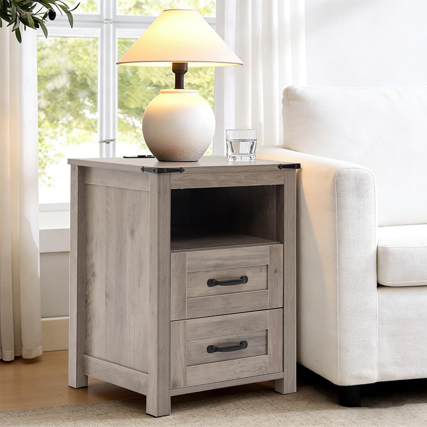 Farmhouse Nightstand with Charging Station, Bedside Table with 2 Drawers Storage, Farmhouse Night Stand with Open Shelf, End Table for Bedroom, Grey