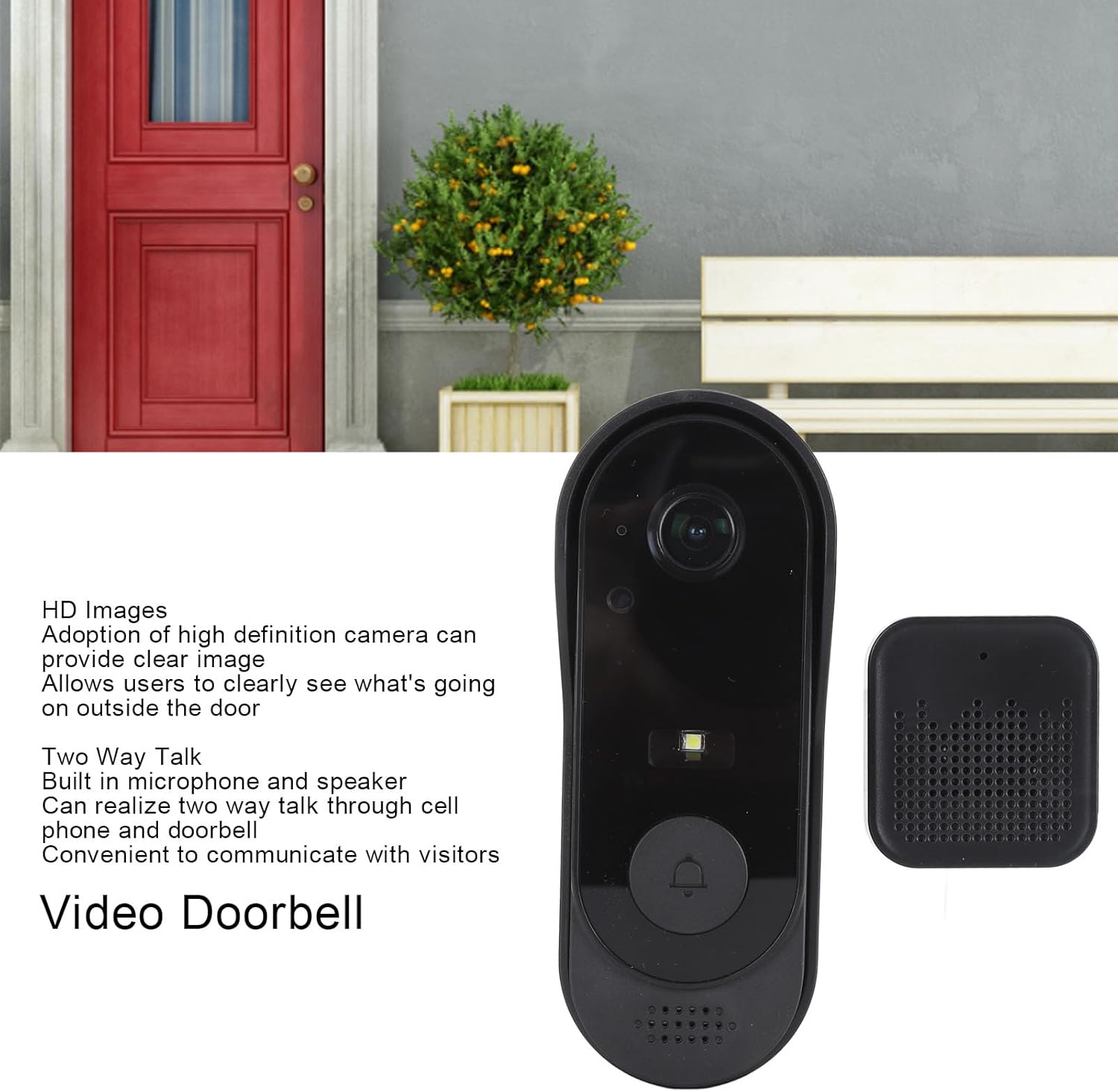 Cuifati video doorbell and chime with text overlay highlighting HD Images and Two Way Talk features, set against a red door background.