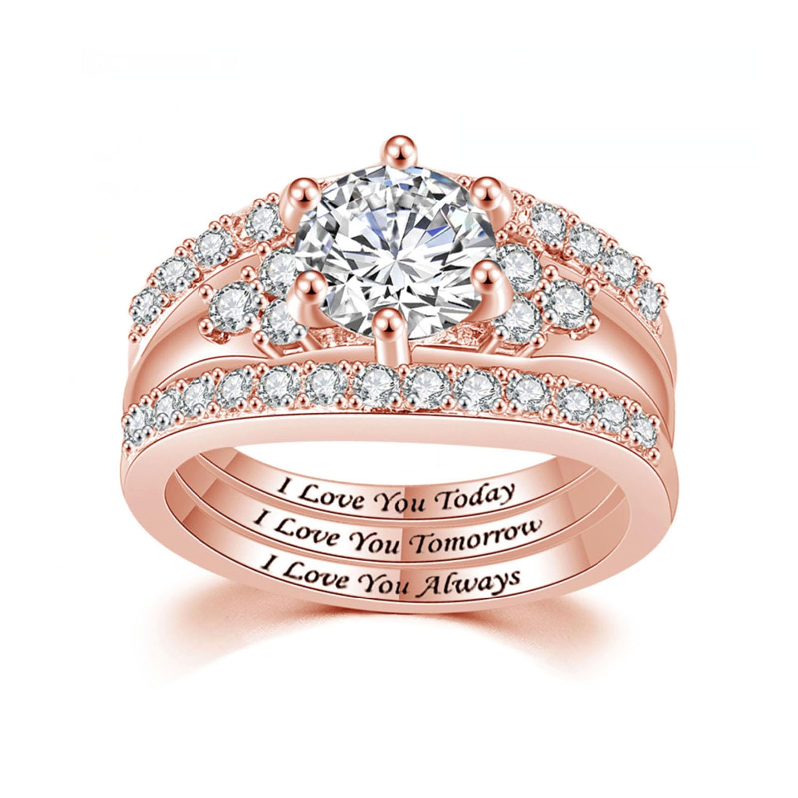 Vinoya 18K White/Rose Gold Plated Wedding Rings for Women 7MM Cubic Zirconia Rings Three-in-One Engagement Ring Set Bridal Promise Wedding Band Size 5