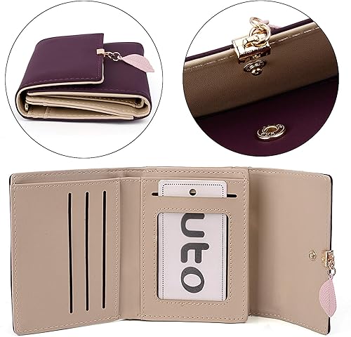 Miniatura 5 de UTO - Cartera pequeña RFID de piel sintética con dije de hoja, cierre de cremallera y tarjetero.