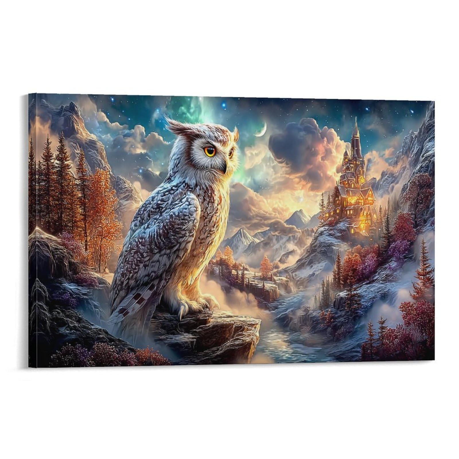 XPASHIQWC Owl Poster Artwork Snowy Mountain Castle Canvas Prints Picture Modern Canvas Wall Art Picture Wall Hanging for Living Room Home Decorations 24x36inch(60x90cm)