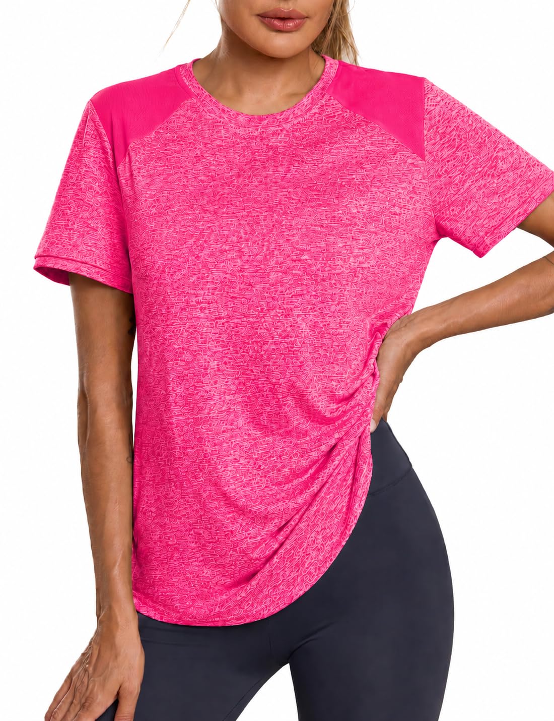 Terecey Sportshirt Damen Kurzarm Leichtes Atmungsaktiv Mesh Laufshirt Fitness Gym Oberteile Rundhals Sport Top Frauen Sommer Longshirt für Fitness Laufshirt Yoga Fitness