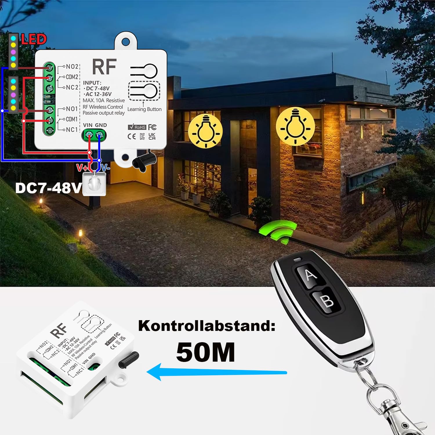 433 MHz RF-Funkfernbedienungsschalter mit 2 Sendern DC 7V 12V 24V 36V 48V AC 12V 24V 36V 10A 2 Kanal Relaisempfänger für elektrischen Vorhang, Garagentor, Motorlicht, Funksteuerschalter