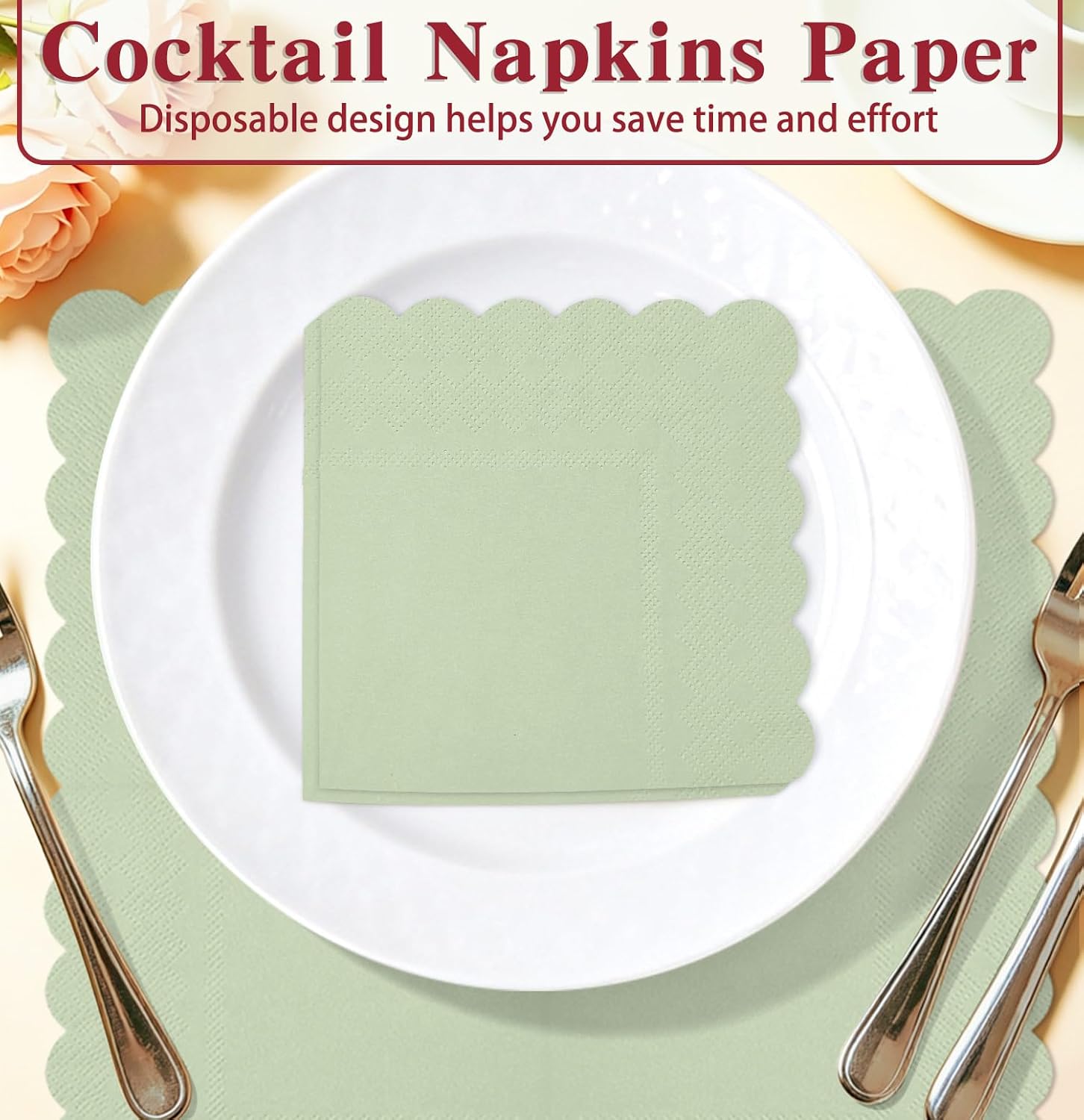 50 Pieces 3-ply Sage Green Scalloped Paper Napkins Beverage Napkins Disposable for Wedding Birthday Party Paper Dinner Napkins