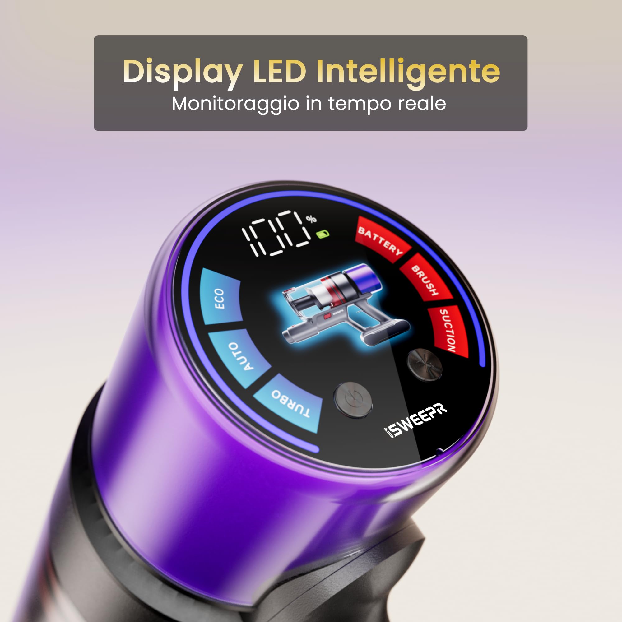 ISWEEPR X7 Aspirapolvere senza Fili 55Kpa/600W/80Min, Scopa Elettrica senza Fili Potente con Display LED, Sensore di Polvere, Spazzola Verde Anti Groviglio, per Tappeti Pavimento Peli Animali