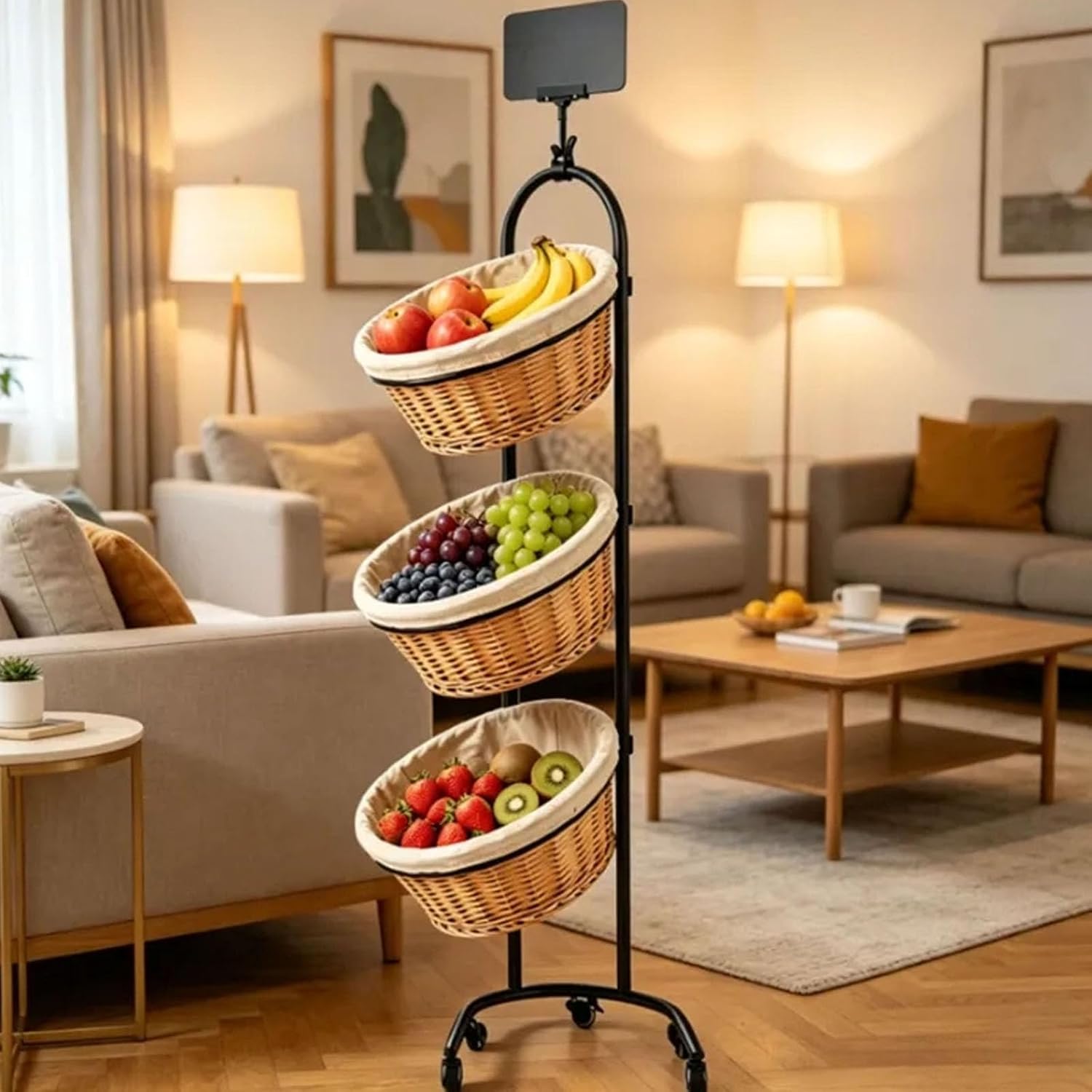 3-Tier Rolling Fruit Basket Stand,Mobile Metal Hanging Tiered Fruit Basket Stand with Wheels,for,Vegetables,Fruit,Kitchen,Bathroom,Display Baskets