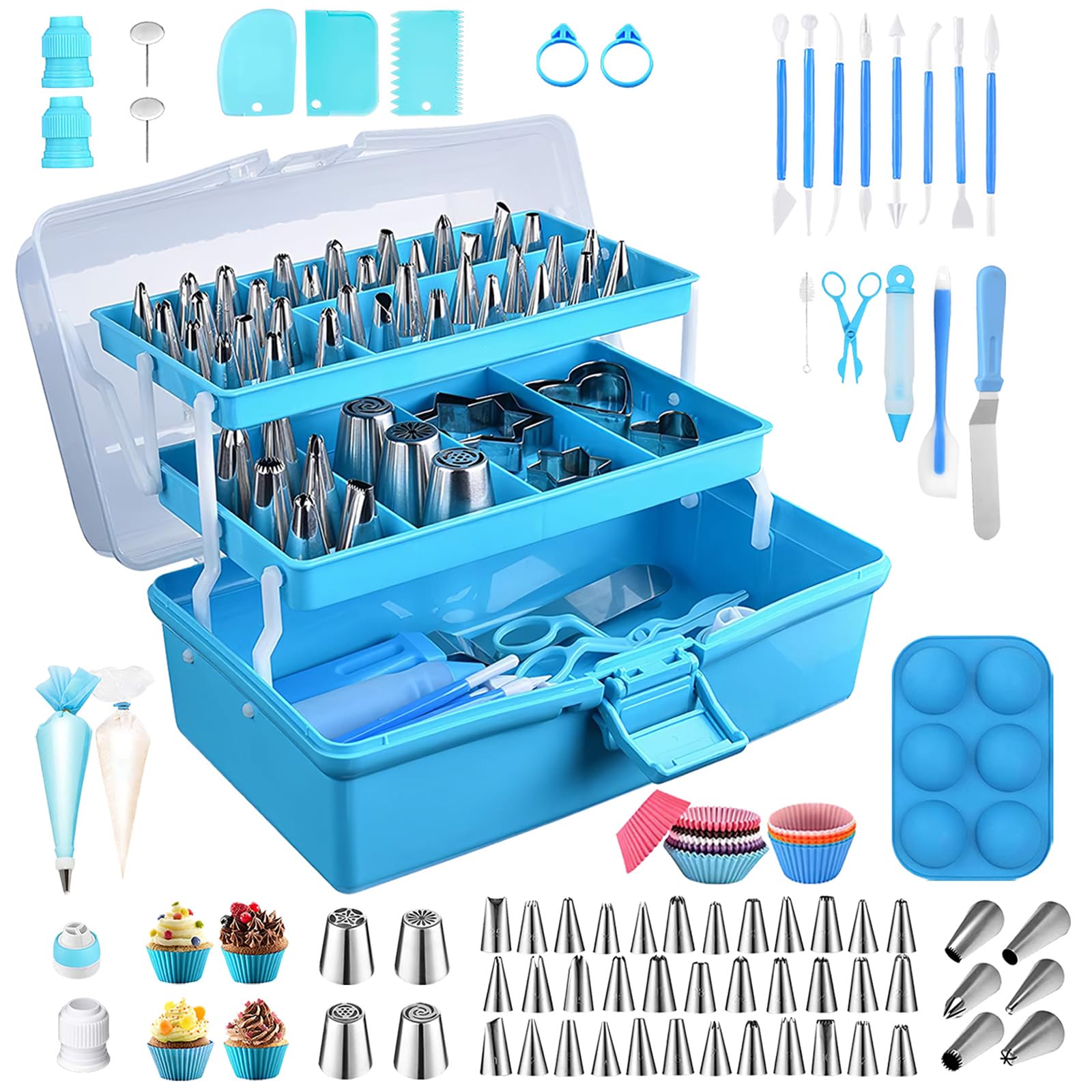 KOCASO 236-teiliges Kuchendekorationsset, Backzubehör, Kuchendekorationszubehör mit Spritztüllen, Kupplungen und Taschen, Ausstechformen und mehr, Backzubehör, Backförmchen, Schaber