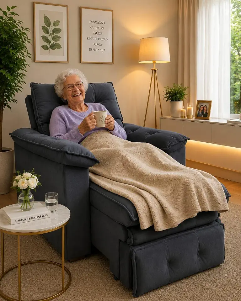 Poltrona da Vovó Reclinável e Retrátil em Veludo premium, Estrutura em Eucalipto, 4 Níveis de Conforto (cinza)