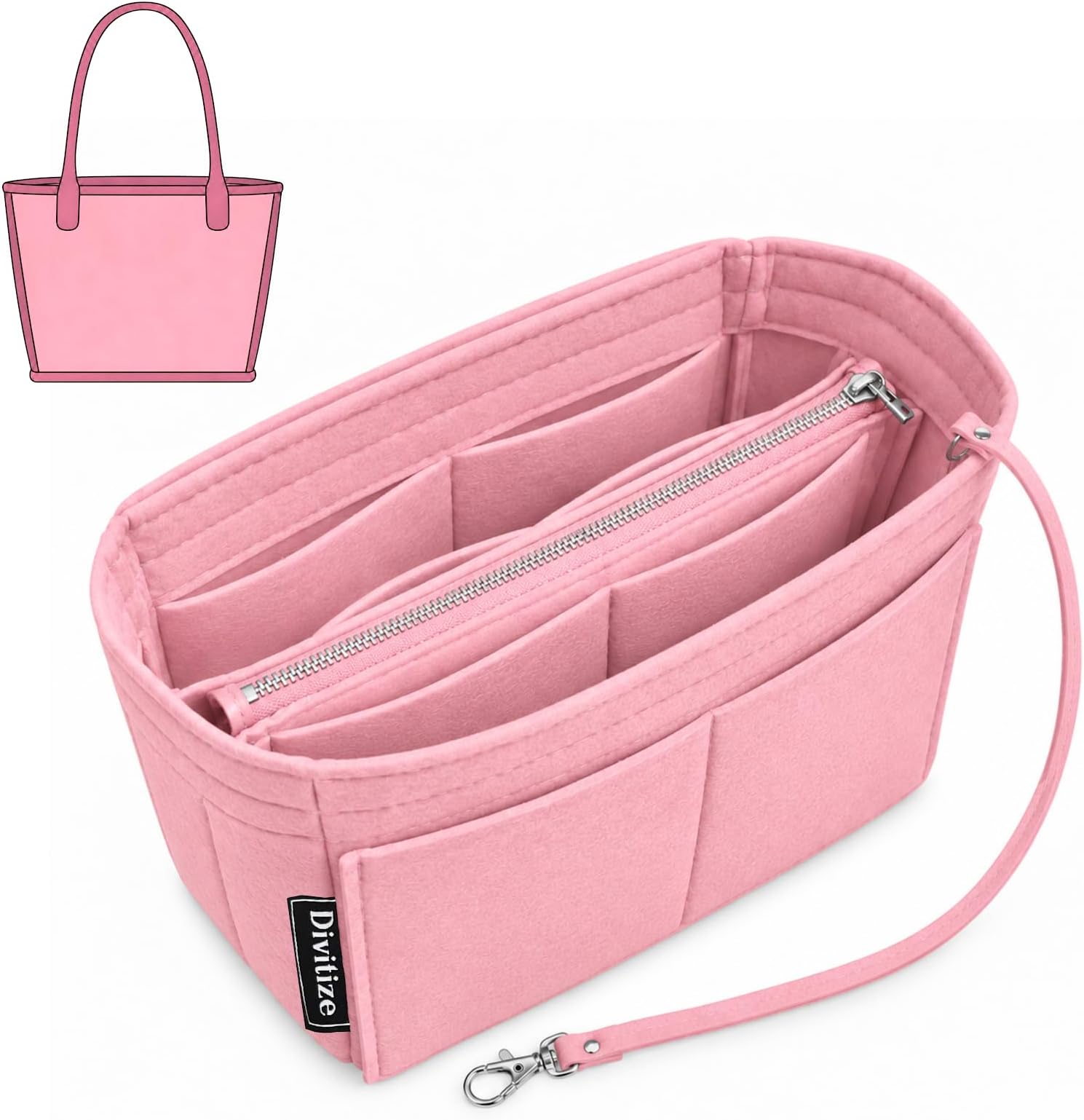 Divitize Premium Purse Organizer compatible with Anjou Mini/PM/GM Bag Insert — with Silver Zip Perfect Fit, Durable Quality Felt, Full Coverage No Bulking, +24 Shades (Bubblegum, For Anjou PM)