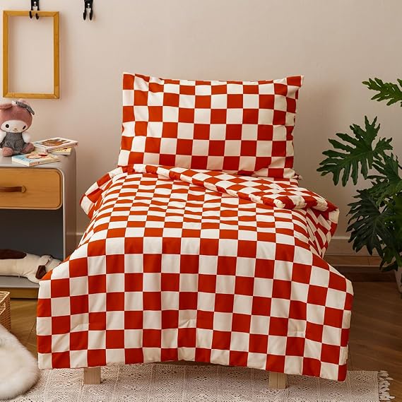 CLOTHKNOW 4Pieces Orange Plaid Toddler Bedding Sets for Boys Girls Soft Crib Bed Sets Rust Grid Comforter Sets