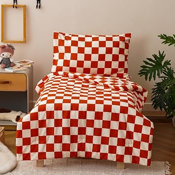 CLOTHKNOW 4Pieces Orange Plaid Toddler Bedding Sets for Boys Girls Soft Crib Bed Sets Rust Grid Comforter Sets