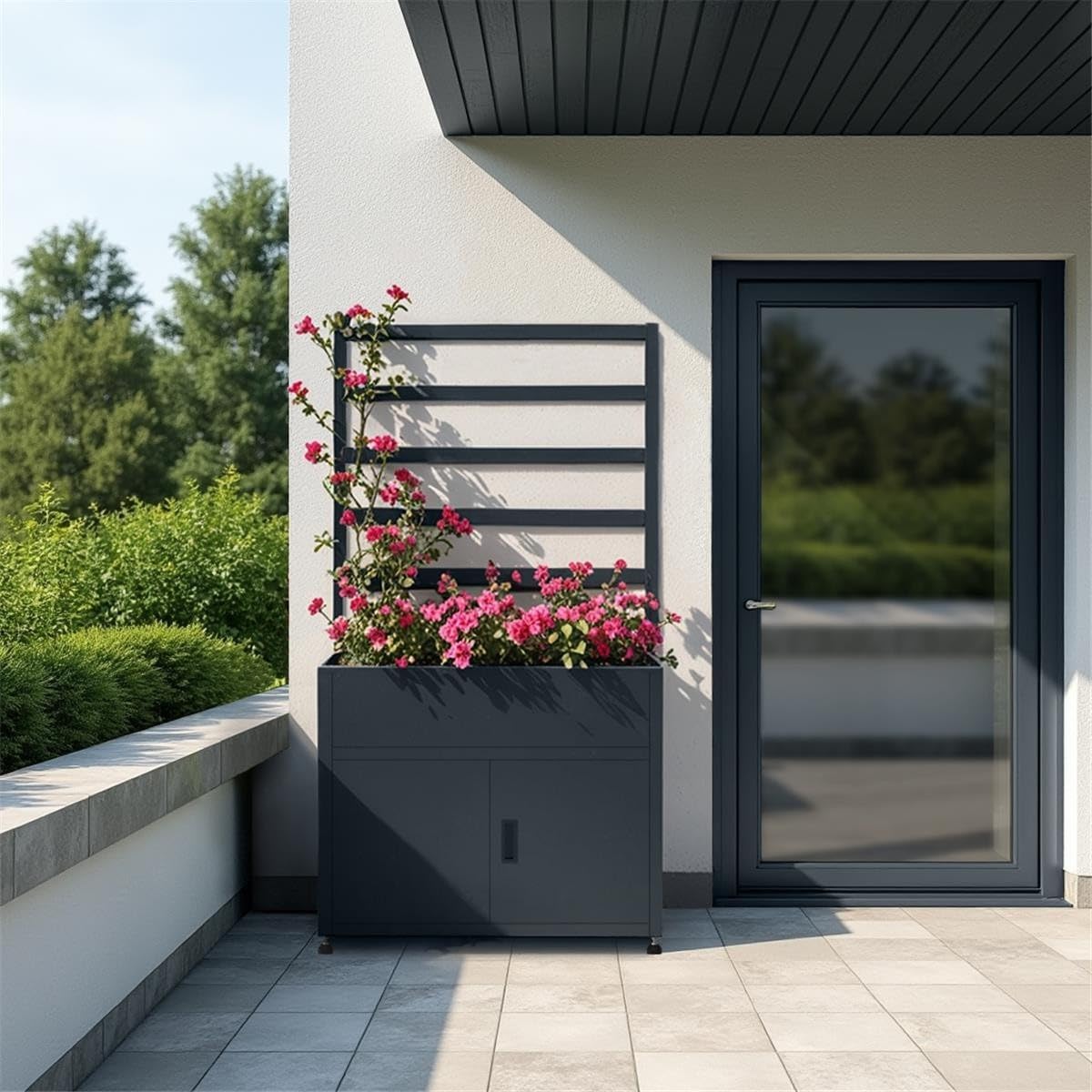 Metzler RAL7016 - Jardinera para jardín con espacio de almacenamiento y rejilla para plantas, acero revestido en aerosol antracita