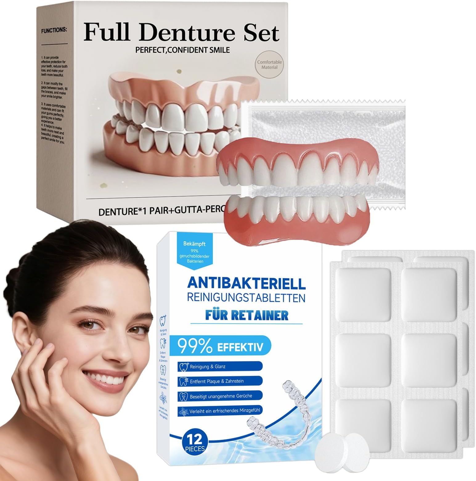 False Teeth Set Full Dentures for No Teeth,Comfortable and Adjustable Silicone Dentures Full Mouth with 12 Cleaner Tablets,Moldable Teeth Top and Bottom for Adults