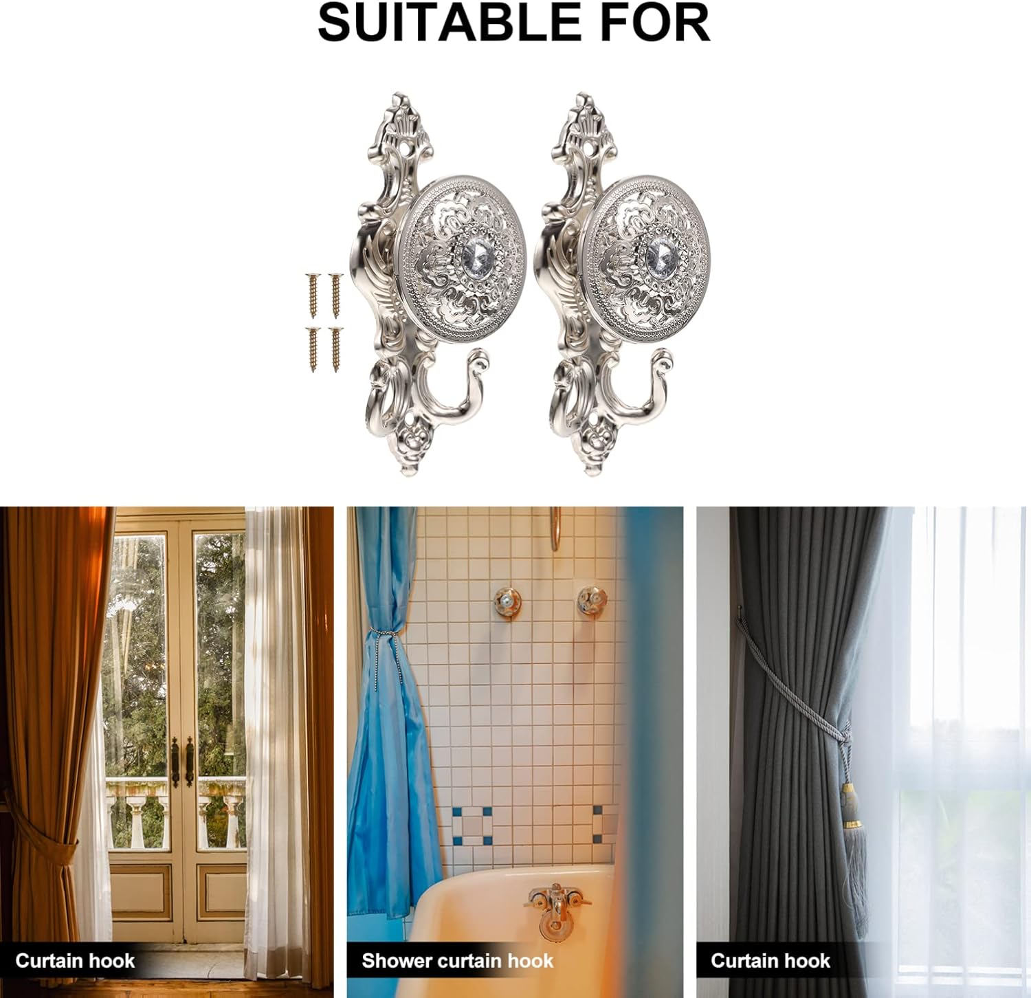 Beavorty Rhinestone Curtain Holdback Hooks Set 2Pcs Silver Wall Mounted Drapery Tieback for Window Treatment and Home D Cor 6X2X2 Inches